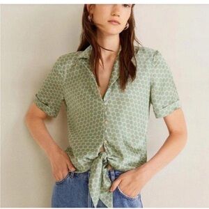 MNG Mango Green Polka Dot Satin Shirt with Shell Buttons Size XS